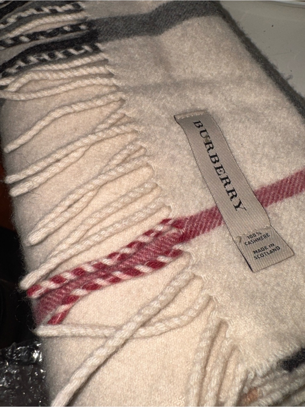Burberry Cream Wool Scarf with Red and Black Stripes
